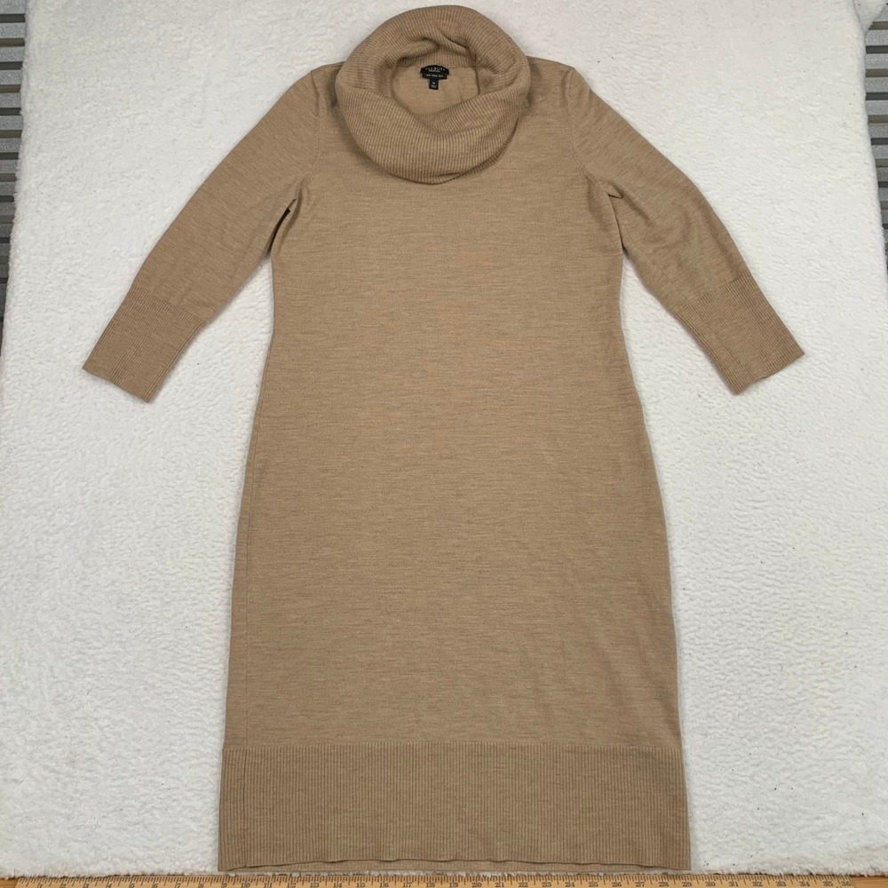 Talbots Pure Merino Wool Blend Sweater Dress Womens M Cowl Neck Pullover Tan